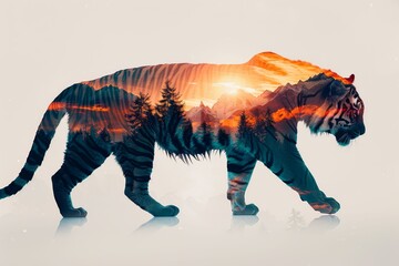 Artistic double exposure illustration of a tiger with a sunset forest landscape. Perfect for creative wildlife and nature themes.