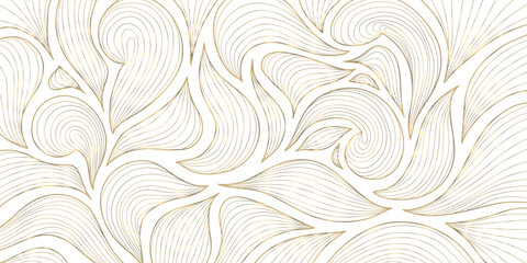 Vector art deco line pattern. Gold leaves abstract background, fancy nature ornament, plant flower texture. Wave nouveau print, vintage jungle illustration. © marylia17