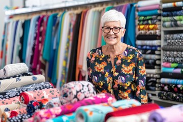 Cheerful elderly woman browsing at a fabric store