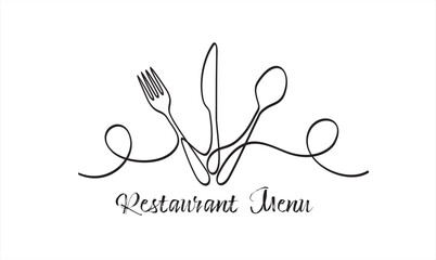 Continuous one line drawing of spoon, knife and fork. Restaurant menu concept.