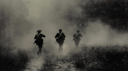 Fototapeta premium Three soldiers running away from explosion on battlefield