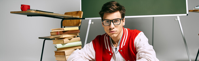 A man in glasses sitting in front of a desk.