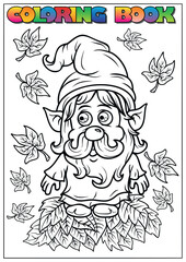 Obraz premium Coloring page showing a funny garden gnome standing on a pile of dry autumn leaves