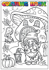 Black and white illustration of a gnome holding a lantern standing near a mushroom house for a coloring activity book