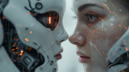 Imagine about the highest technology of humanity and a half of human with robot. Highest techology concepts in next 50 years. Generative AI Illustrations.