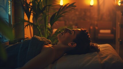 Professional woman relaxing at a spa, receiving a massage, selfcare routine after a busy workweek, promoting relaxation and rejuvenation, peaceful setting, dim lighting, copy space