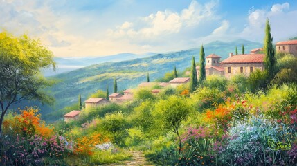 Beautiful village landscape on the hill, oil painting illustration