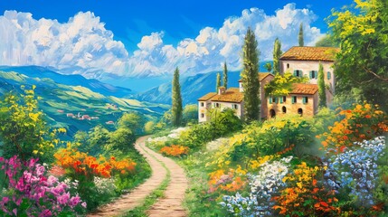Obraz premium Beautiful village landscape on the hill, oil painting illustration
