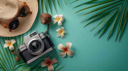 The beach accessories isolated on green background which top view. Summer is coming concepts. Vacation and travel concepts. Copy space for text. Generative AI Illustrations.