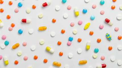 Multicolored pills scattered on white surface, top view, flat lay background image for medical, health, and wellness themes
