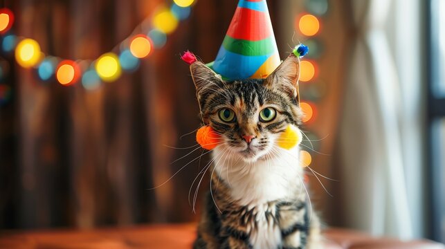 Funny cat with a cardboard mask shaped like a clown face