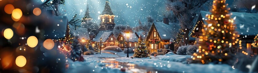 Snowy Christmas village with glowing lights and festive decorations.