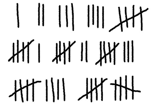 set of tally marks count or prison wall sticks lines counter. hash marks icons of jail or desert island lost day tally numbers counting progress in slash black ink, isolated on white background. 