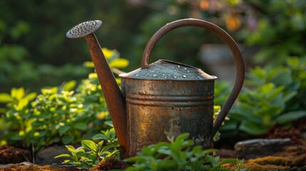 Fototapeta premium Rustic Watering Can in a Lush Green Garden Setting