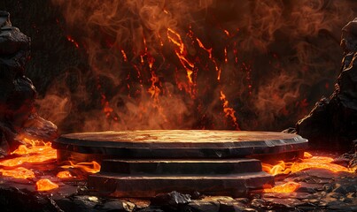 Obraz premium A dynamic 3D podium emerging from flowing lava, set against a backdrop of a fiery, erupting volcano, with molten rock textures and glowing embers adding depth