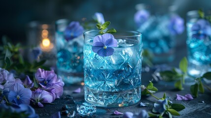Elegant blue cocktail with edible flowers. Beautiful blue cocktail in a glass decorated with edible flowers, set in a dimly lit, elegant environment with candles.