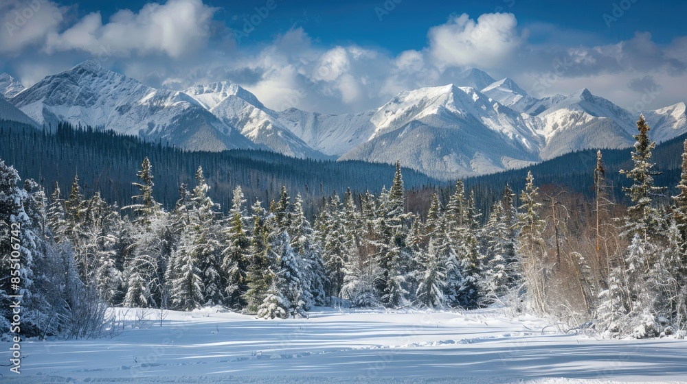 Poster Scenic Winter Landscape of Mountains and Forest with Blue Sky