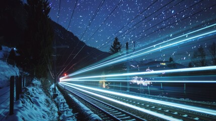 A nocturnal train ride with a striking light trail, captured in 8k UHD