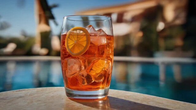 Glass of aperol spritz cocktail on pool background