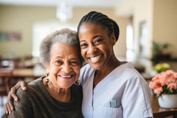 Obraz premium Portrait of a smiling senior woman with caregiver in nursing home