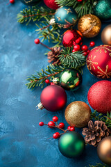 Fototapeta premium A blue background with a bunch of Christmas ornaments, including red, green