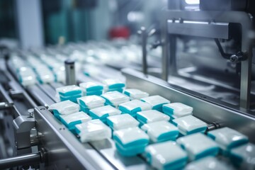 Obraz premium Close up of tablets in packing machine in pharmacy