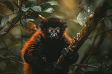 Obraz premium Majestic red ruffed lemur in lush forest ambiance