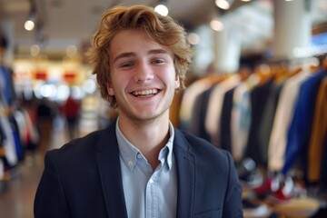 Fototapeta premium Young cheerful caucasian male smiling in a clothing store