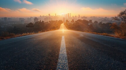 Empty Road Leading Towards City Skyline During Sunrise