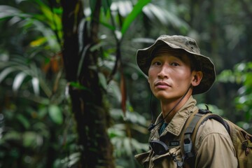 Obraz premium Young adult man in a rainforest expedition