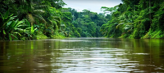 Fototapeta premium Tranquil jungle river reflecting lush greenery amidst dense foliage for serene natural beauty