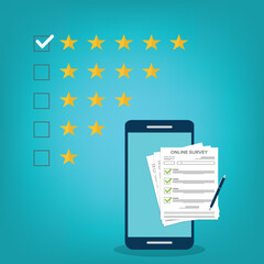 Five stars rating. Customers review and positive feedback. Online survey concept.
