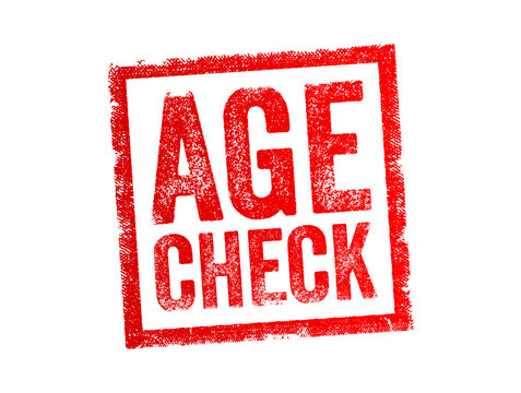 Age Check - the process of verifying an individual's age to ensure that they meet the minimum age requirement for a particular activity, product, or service, text concept stamp
