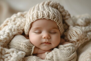 Bright newborn baby lying under a soft blanket, wearing a cute hat, radiating warmth and innocence.