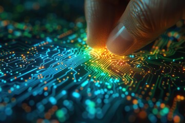 A close-up of a holographic touch sensor in a futuristic circuitry board, with glowing lines of blue, green, and orange.