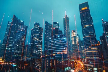 Fototapeta premium Financial graphs over a modern cityscape with skyscrapers