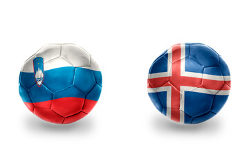 football balls with national flags of iceland and slovenia ,soccer teams. on the white background.