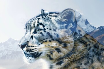 Fototapeta premium Majestic Snow Leopard of Nepal: Double Exposure with Mount Everest and Himalayas