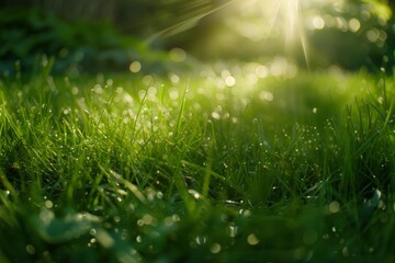 Morning dew on fresh green grass with sunlight