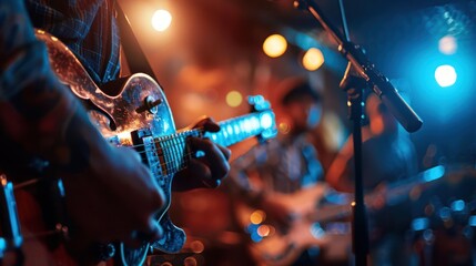 The singer plays an acoustic guitar and sings at a concert