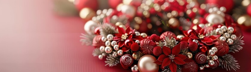 Elegant Christmas wreath decorated with red berries, pine cones, and ornaments on a red background, perfect for holiday decor.