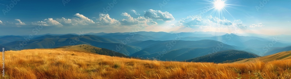 Wall mural Sunny Day View Over Mountain Range With Golden Grass - Wall murals