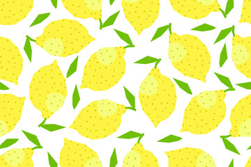 Seamless pattern with lemons on a white background. Abstract naive fruits. Cut out lemons from paper. Summer tropical pattern. Flat style. Vector illustration.