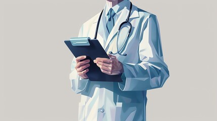 Doctor with a classic white coat and clipboard, illustrated in a detailed and realistic style, ideal for medical event posters and advertisements