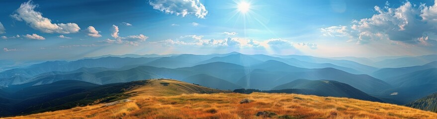 Obraz premium Sunny Day View Over Mountain Range With Golden Grass