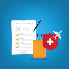 Travel insurance. Traveling luggage suitcase and airplane trip protect by red shield. Plane flight safety symbol. Aircraft journey risk protection.