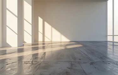 Obraz premium Sunlit Concrete Room With Large Window and Tile Floor