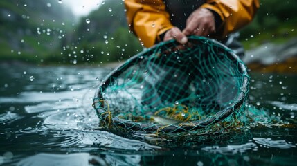 A fisherman hauls in a net full of fish in a misty, rainy fjord.