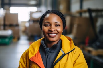 Naklejka premium Portrait of a smiling African American female warehouse worker