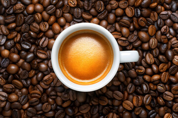 Fototapeta premium Freshly Brewed Coffee in a Black Cup Surrounded by Coffee Beans